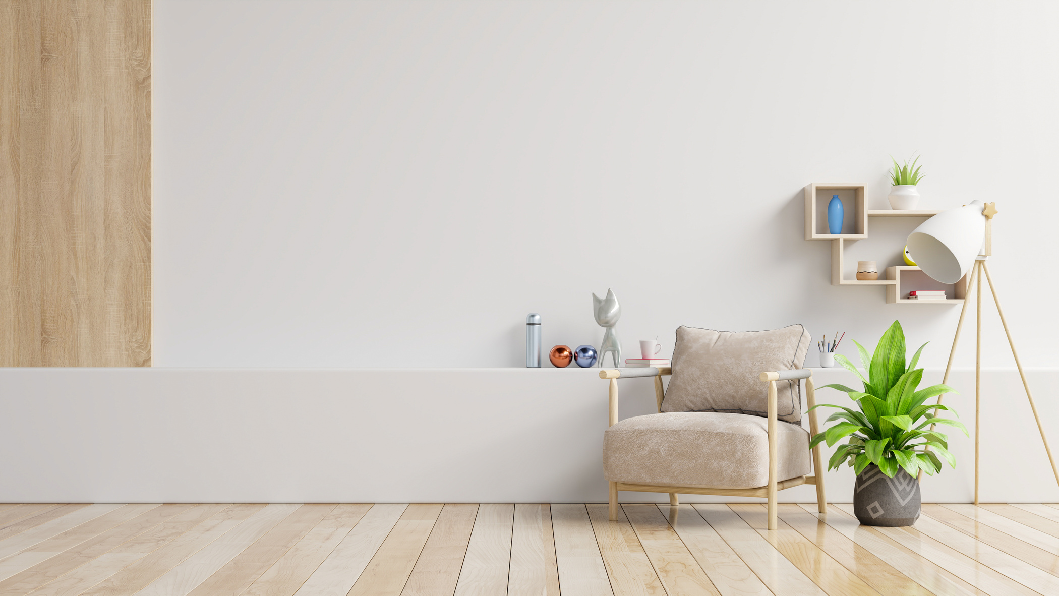 Home Interior with Armchair on Empty White Wall Background
